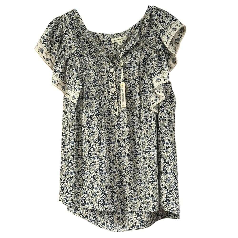 NWT Max Studio Floral Flutter Sleeve Blouse Top Blue White Size Medium
